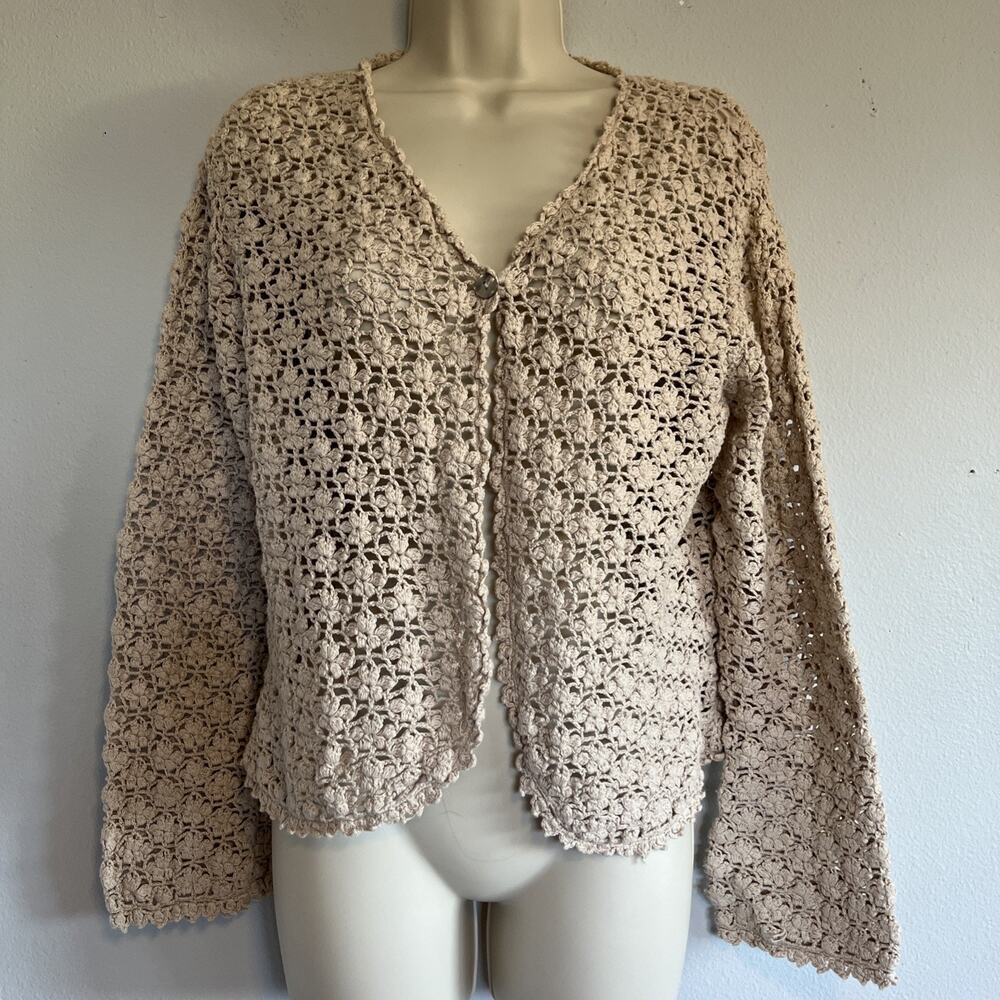 Tiara Intl Crochet Cardigan Sweater Women L Beige Hippie Granola Cottage Boho